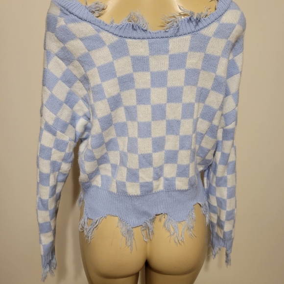 Just Polly Blue and White Checkered Women's Sweater Crop Top Preppy Girly - Picture 4 of 5